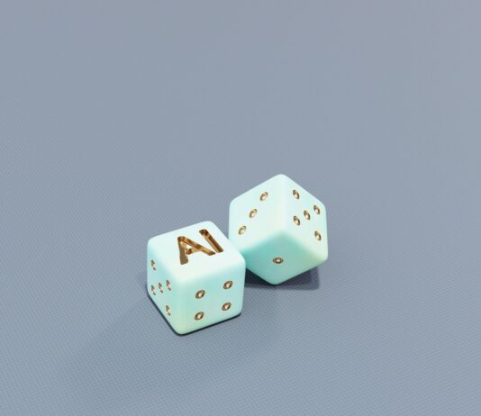 “일상 속 AI 건강 관리, 내 손안의 똑똑한 파트너” Two dice with ai letters and dots